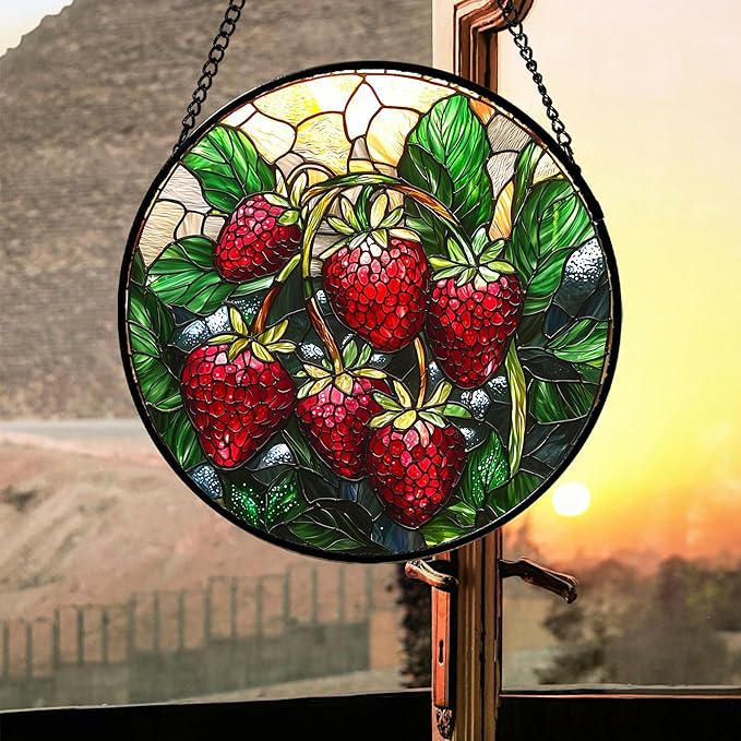 Stained Glass Suncatcher, Red Strawberry Green Leaf Sun Catcher Silver Background Stain Glass Window Hanging Decoration Mother's Day Birthday Gifts for Women Men Mom Nana 7.8 in