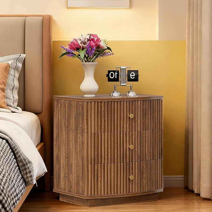 Grooved Wood End Table with 6 Drawers, Curved Edge Storage Side Table, Six Drawer Nightstand Compact Sofa Bedside Table for Bedroom, Living Room and Small Spaces, Walnut X2