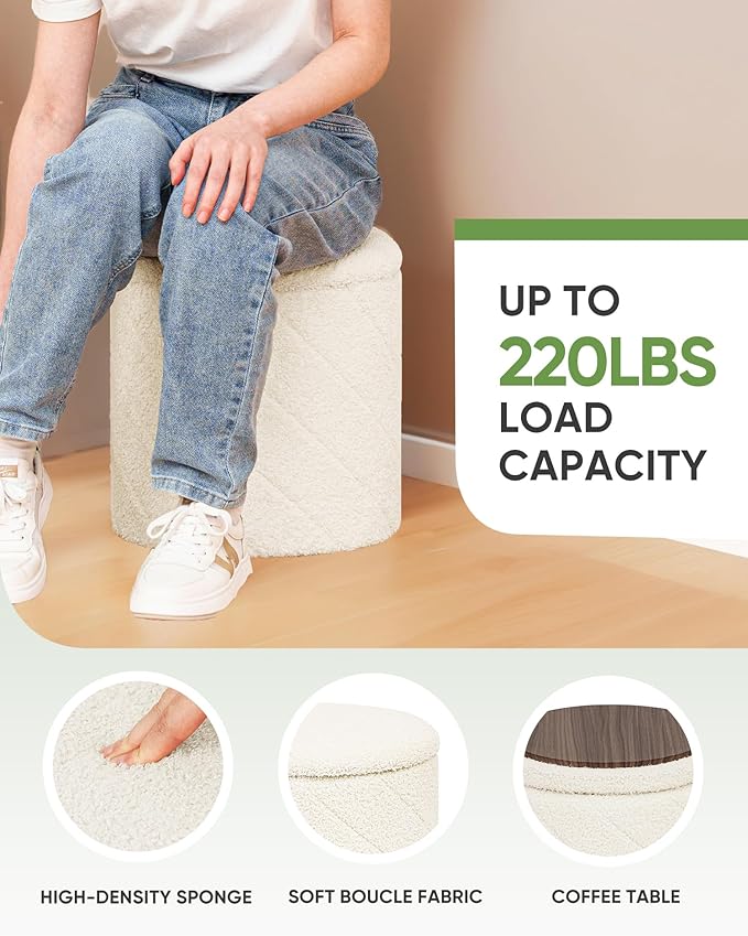 B FSOBEIIALEO Ottoman with Stroage, Boucle Round Storage Ottoman with Tray, Foot Rest Stool for Dorm Room, Living Room White, 12.99"x12.99"x13.78"