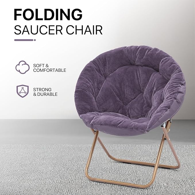Athena Collection Comfy Saucer Chair Folding Cozy Chair for Bed Room Living Room Accent Chair Faux Fur Reading Chair Foldable Metal Frame Lazy Chair Moon Chair for Adult Set of 2, Purple