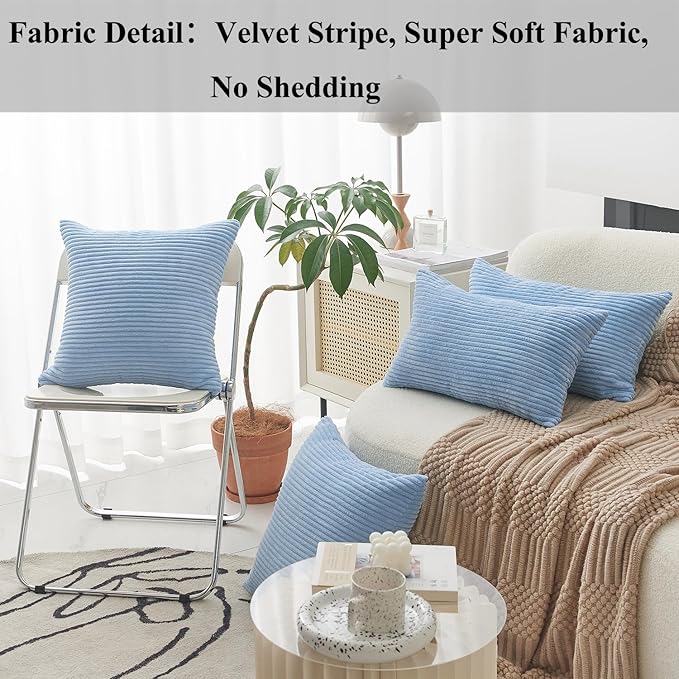 Home Brilliant Blue Throw Pillow Covers Striped Velvet Couch Pillow Cushion Covers Set of 2 Large Pillows Covers for Couch Bench Sofa Bedroom, 55 x 55cm, 22 x 22 Inch, Baby Boy Blue