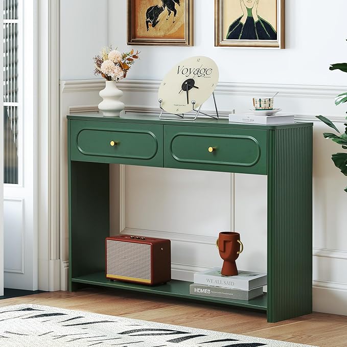 Fluted Console Table with Drawers, Mid-Century Narrow Entryway Table with Open Storage Shelves, Hallway Accent Tables Behind Couch Tables for Living Room (Green)