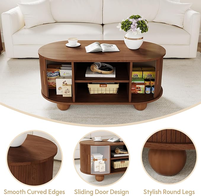 Rectangle Coffee Table, Fluted Coffee Tables for Living Room, Mid-Century Coffee Table Center Table with Storage & Sliding Doors for Apartment, Home Office (Walnut)