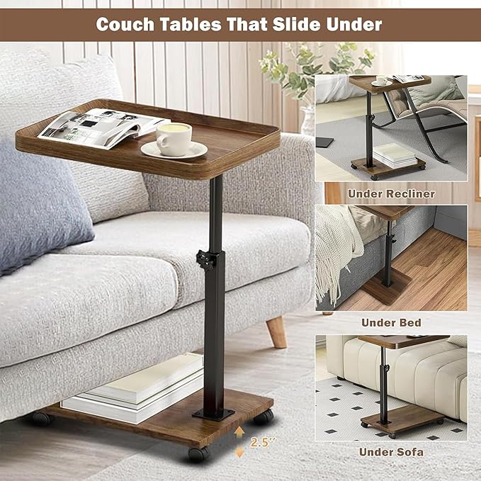 YYW Adjustable C Shaped End Table with Wheels - 360° Swivel TV Tray Table for Sofa/Bed/Bathtub, Slide Under Couch, Height Adjustable (17.7-31.5 Inches),Living Room, Bedroom, Study (Walnut Color)