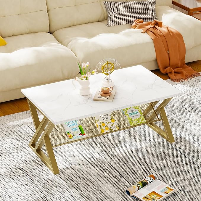 Coffee Table Living Room Table with Storage Shelf, White Table Simple Modern Faux Marble Rectangular Tables with Sturdy Gold Metal Frame,Industrial Wooden Coffee Table for Bedroom Home Office