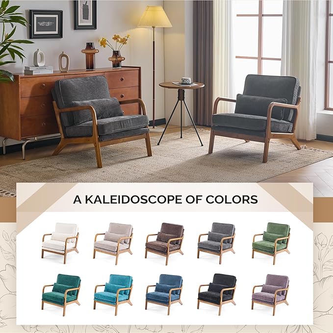 VINGLI Chenille Mid-Century Modern Accent Chair Set of 2, Cute Reading Arm Chair with Cushion & Lumbar Pillow & Solid Wood Frame for Lounge, Living Room, Reading Room, Bedroom, Dark-Gray