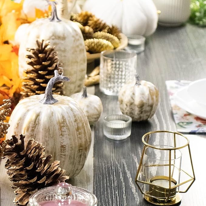 12 PCS Gold Brushed Pumpkins, Thanksgiving Table Centerpiece Decorations, Outdoor Faux Fake Foam Pumpkins for Fall Harvest, Halloween, Thanksgiving, Wedding, Table, Home Decor (Gold Brushed)
