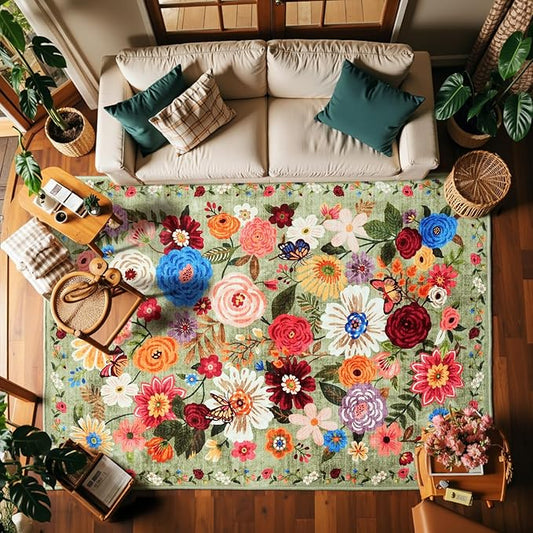 Floral Washable 6x9 Area Rugs Green, Soft Bedroom Rug for Living Room Ultra-Thin Non Slip Dining Room Rug, Stain Resistant Rugs Easy Clean Throw Carpet for Office(6 x 9, Green Garden)