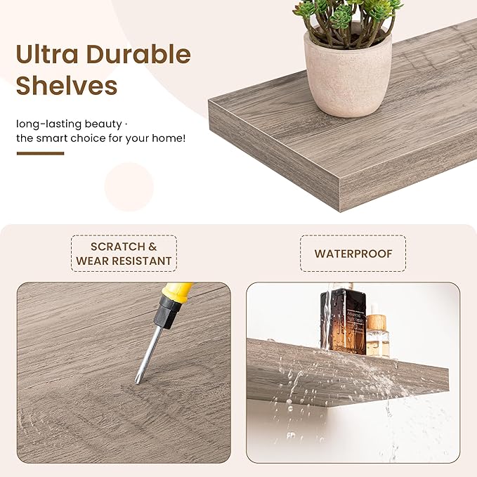 16in Floating Shelves for Wall, 16"W x 9.25"D x 1.25"H, 2 Pack Long Wall Mounted Engineered Wood Shelves with Invisible Brackets for Living Room, Bedroom, Bathroom, Kitchen Decor and Storage, Grey