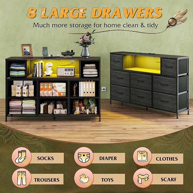WLIVE Black Dresser TV Stand for 45, 50, 55 inch TV, Entertainment Center with LED Lights & Charging Station, Chest of Drawers with 8 Fabric Drawers and Open Shelves for Living Room, Hallway, Wood Top