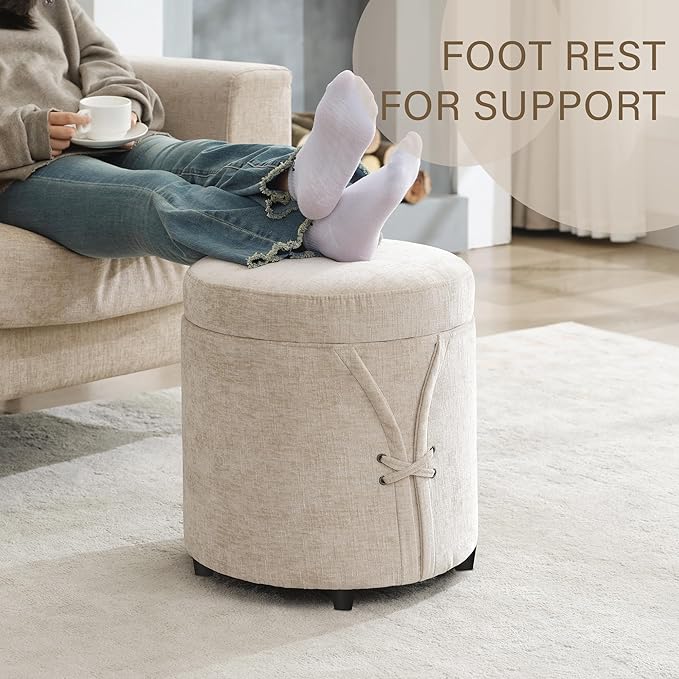 16.5 inch Tufted Small Round Storage Ottoman, Modern Upholstered Ottoman with Soft Padded Seat, Chic Round Vanity Foot Stool with Removable Lid,Light Brown