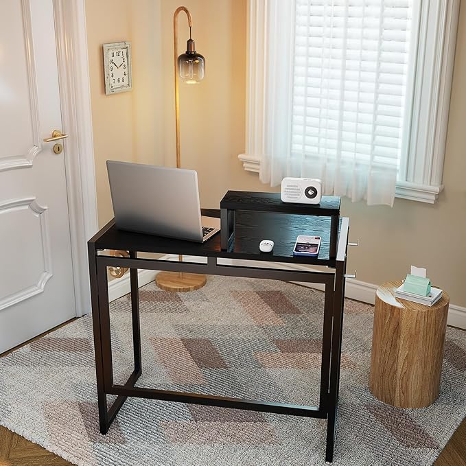 Folding Desk with Monitor Stand, 31.5 Inch Foldable Computer Desk with Hook, Sturdy Small Space Saving Writing Table for Home Office Dorm, Black