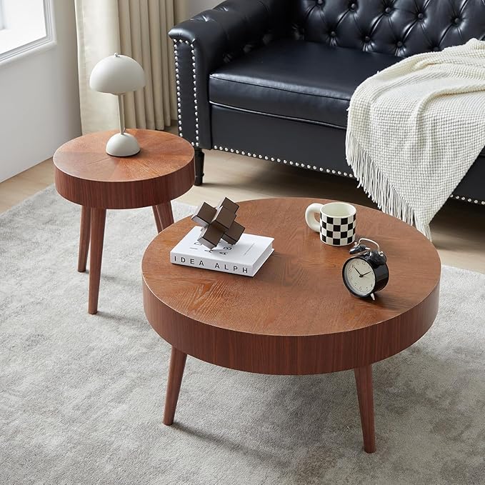 AVZEAR Nesting Round Coffee Table Set of 2, Mid Century Modern Coffee Table, Natural Wood Nesting Tables Walnut Side Table and Farmhouse End Table Set for Living Room Bedroom, Cafe, Office(Walnut)
