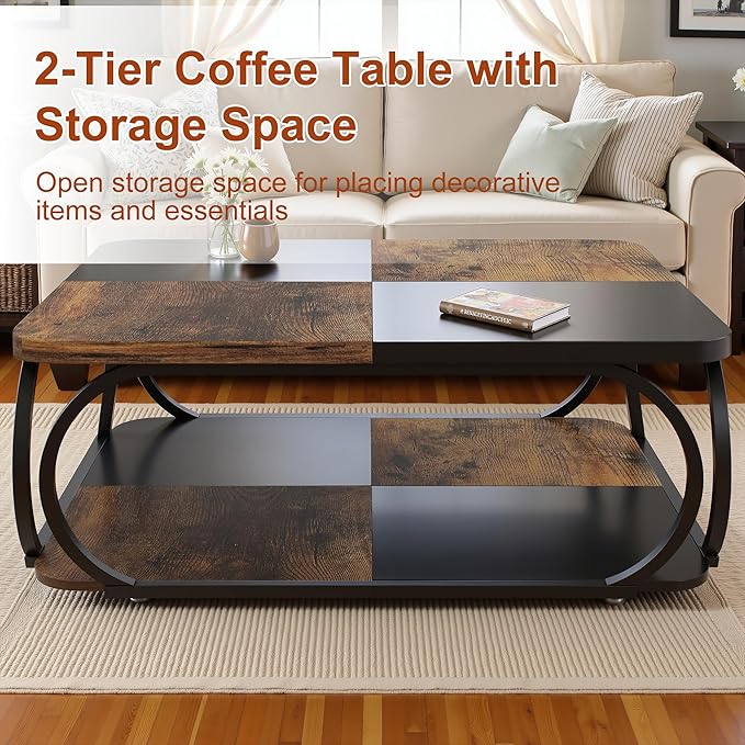 2-Tier Coffee Table with Storage Shelf, 39" Small Square Coffee Table Modern Wooden and Metal Accent Center Sofa Side Tables for Living Room, Brown & Black