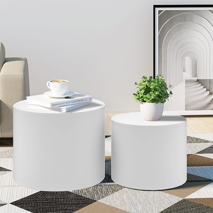 KEVINSPACE Nesting Coffee Table Set of 2, Modern Circle Accent Coffee Tables for Small Spaces, White End Table Wooden Side Table for Living Room, Bedroom, Balcony, Office