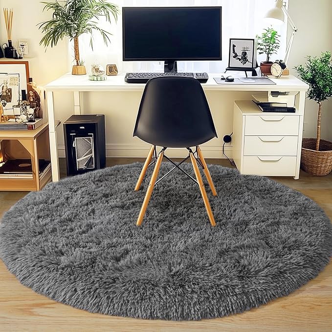 6‘x6’ Grey Round Rug for Bedroom, Ultra Soft Fluffy Circle Rug for Kids Girls Boys Room, Cute Shag Rugs for Living Room Playroom Teen Room Home Decor Rug