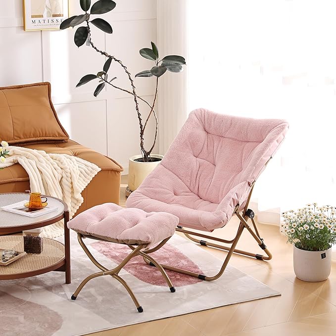 Comfy Folded Chair, Soft Faux Fur Oversized Folding Chair, Flexible Lounge Lazy Chair for Kids Girls Teens Adults, Moon Chair for Dorm Rooms, Bedroom, Living Room