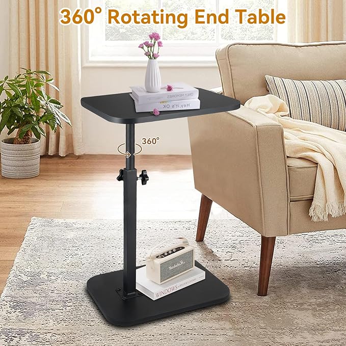 C Shaped End Table for Couch Sofa, 360° Swivel Height Adjustable TV Tray for Small Spaces,Livingroom Bedroom College Dorm Hospital (Black)