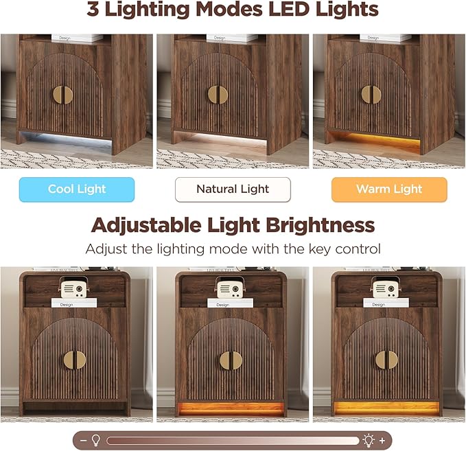 Nightstand with Charging Station and LED Lights, Night Stands with Adjustable Storage Cabinet, Modern Side Table with Fluted Doors and Open Storage, Bedside Table for Bedroom, Walnut