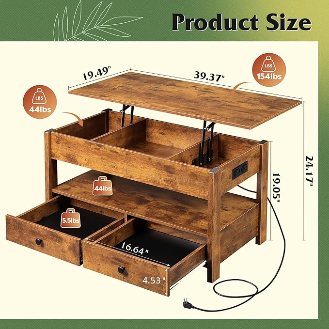 WLIVE Coffee Table, Lift Top Coffee Table with 2 Drawers, LED Light, Large Hidden Compartment and Open Shelf, Lift Tabletop, Dining Table for Living Room, Rustic Brown