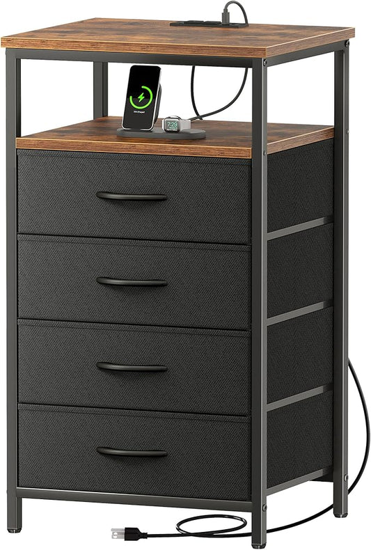 Huuger Night Stand with Charging Station, 4 Drawer Dresser for Bedroom, Bedside Table, 33.9 Inch Tall Nightstand with Open Shelf, End Table, for Closet, Entryway, Bedroom, Rustic Brown and Black