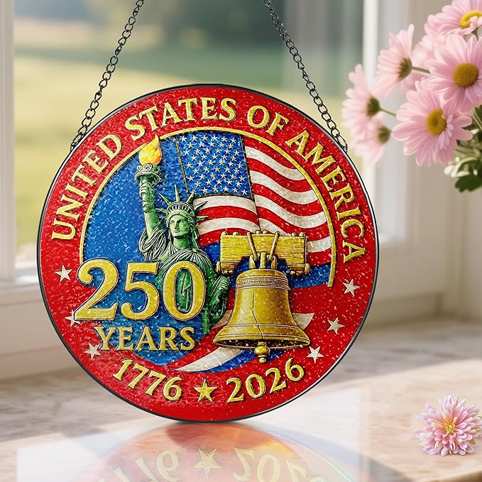 8-Inch 250 Years of America Stained Glass Ornament, Stained Glass Window Hanging, 1776-2026 Liberty Bell Decoration – American Independence Day, July 4 Decor | Gifts for Patriotic People