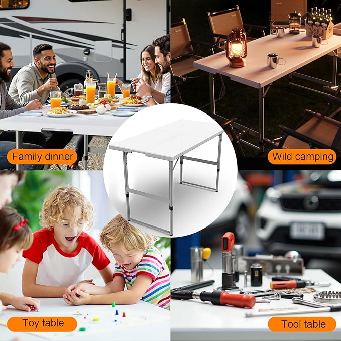 4FT（24" x 48"） Folding Table, Indoor Outdoor Heavy Duty Table with Carrying Handle,Placstic Fold up Table for Picnic, Party, Camping，Office - White (4FT)