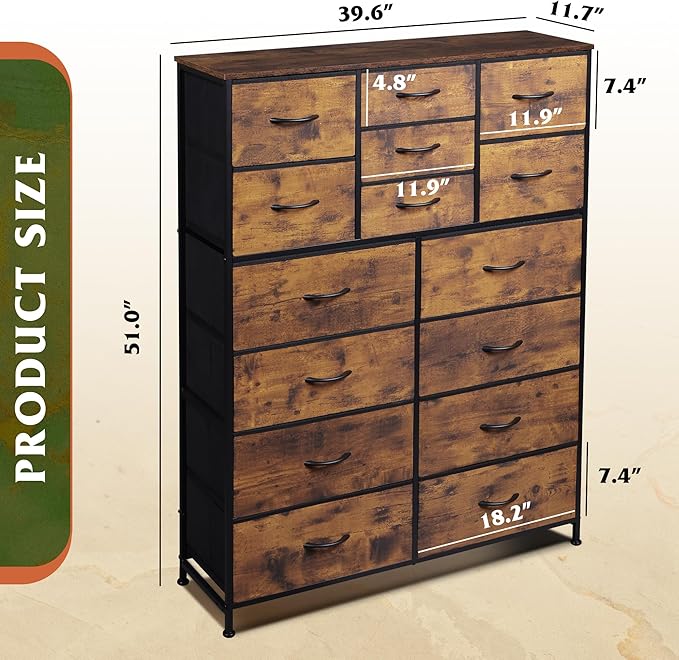 Tall Console Table with 15 Fabric Drawers, Entryway Table with Storage, Tall Storage Organizer with Wood Top, Steel Frame for Living Room, Hallway, Office, Rustic Brown