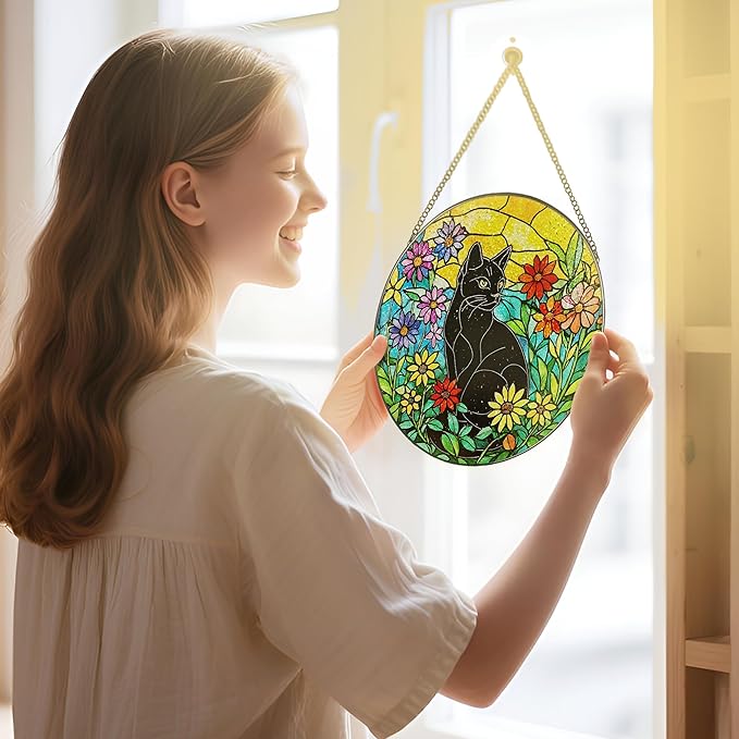 Black Cat Stained Glass Window Hanging, 8 Inch Sun Catchers Indoor Window, Suncatchers for Windows Hanging, Home Decor and Christmas, Festival, Mother's Day, Birthday, Gifts for Women, Men, Cat Lovers