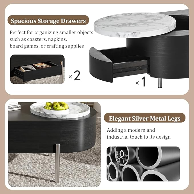 47.2'' Lift Top Coffee Table with Hidden Compartment, Modern Oval Wooden Center Table Cocktail Tea Table with 360-degree Marble-Patterned Rotating Tray and 3 Drawers for Living Room, Black