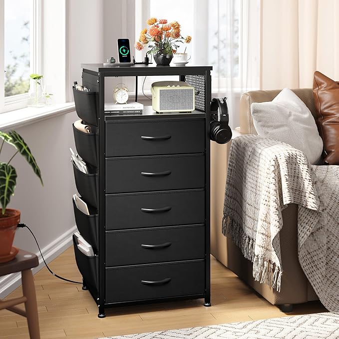 EnHomee Tall Night Stand with 5 Drawers, LED Nightstand with Ports & Outlets, Bedside Table with Extra Side Bag & Storage Shelf & Hooks, Bedroom, Dorm, Closet