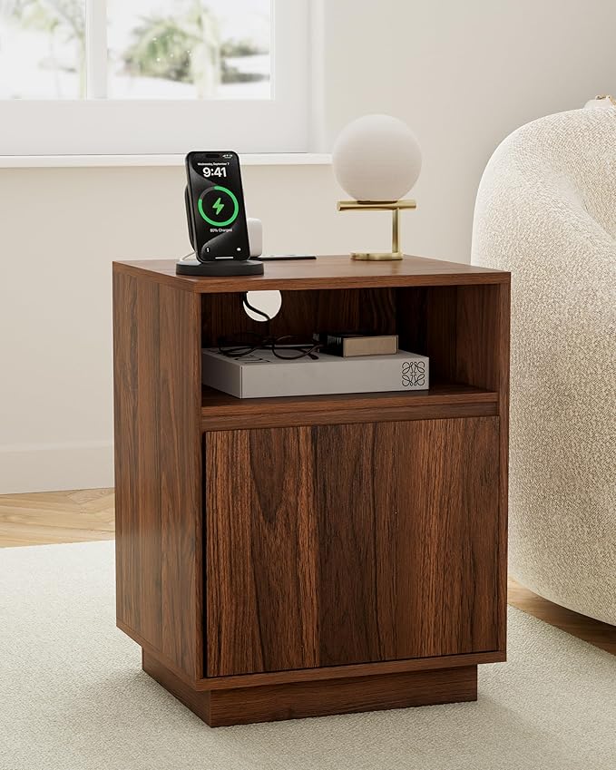 Farmhouse Nightstand with Door, Wood Storage End Table with Charging Station & Open Shelf, Bedside End Tables for Bedroom, Sofa, Brown