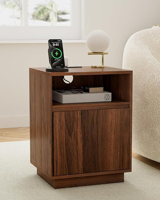 Farmhouse Nightstand with Door, Wood Storage End Table with Charging Station & Open Shelf, Bedside End Tables for Bedroom, Sofa, Brown