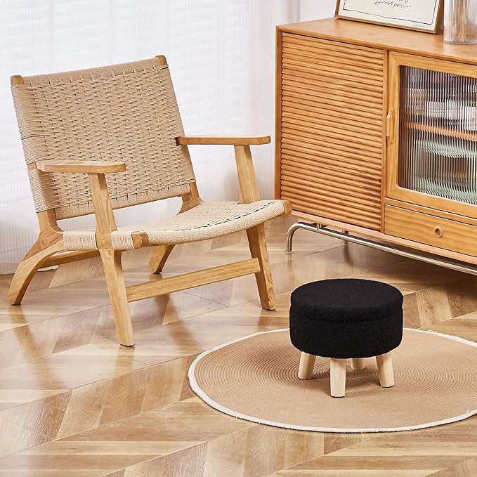 Wimarsbon Storage Ottoman, Modern Round Footrest with Soft Padded Seat, Teddy Velvet Footstool with Wood Legs, Accent Small Table or Plant Stand for Hallway, Living Room (Black)