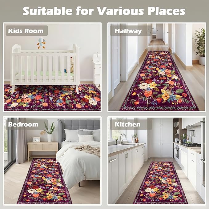 Rug for Hallways Kitchen Rug 2x6, Non Slip Washable Rugs with Rubber Backing Soft Floral Carpet Runner for Hallways, Kitchen, Laundry, Bedroom, Bathroom (2 x 6, Purple Lawn)