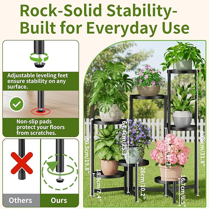 7 Tiered Metal Corner Plant Stand Indoor Outdoor, Tall Large Folding Rack with Rust Proof 10 Inch Wide Tray, Heavy Duty Flower Shelf for Multiple Plants for Patio - BlackDisk