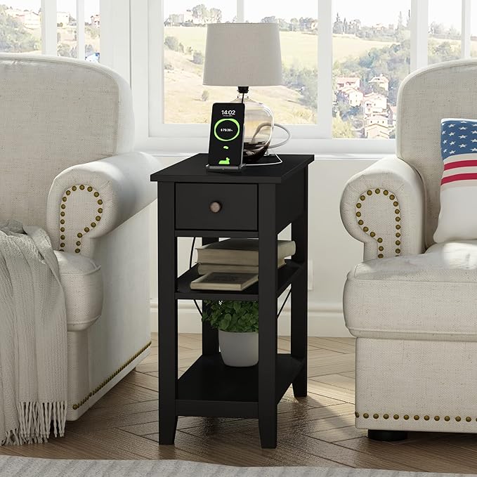 ChooChoo Black End Table Set of 2, Sofa Side Table Living Room with Charging Station,Narrow Night Stand with USB Ports & Power Outlets and Hidden Drawer