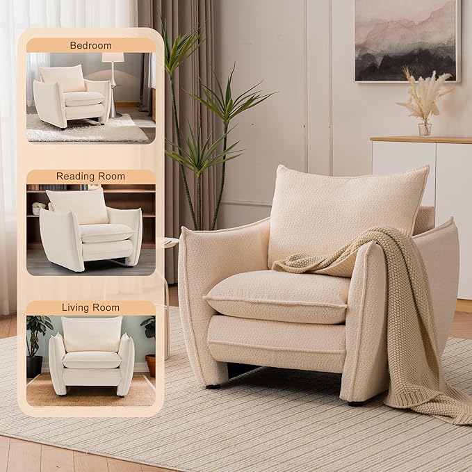 Oversized Accent Chair, Modern Single Sofa Cloud Chairs with Removable Pillow, Deep Seat Comfy Armchair for Living Room Bedroom Reading Nook - Upholstered Lounge Chair (Beige, Set of 2)
