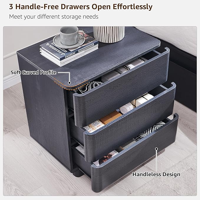 ACCOHOHO 22" Modern Nightstand Set of 2 with Charging Station, Push-to-Open Handleless 3-Drawer Bedside Table, Large End Table with Storage, Night Stand for Bedroom, Living Room, Curved Profile, Black