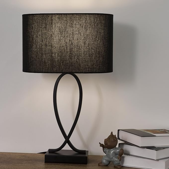 Modern Eye Protection Bedside Table Lamp, 11 x 7 x 19 Inch Farmhouse Table Lamps, Black Metal Base Table Lamp for Bedrooms and Office (Black Fabric Lampshade)