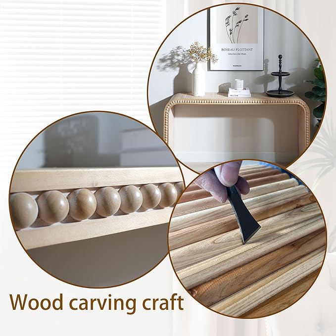 59" Wood Console Table with Wood Beads, for Entryway, Hallway, Living Room, Foyer, Corridor, Office, Modern Curved Waterfall-Style