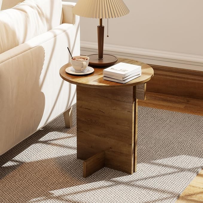 Wooden Round Side Table, Small Drink End Table, Cocktail Table, Modern Accent Night Stand with Wooden Base, Plants Stand for Living Room/Bedroom, Corners, Office, Small Space, Natural Retro
