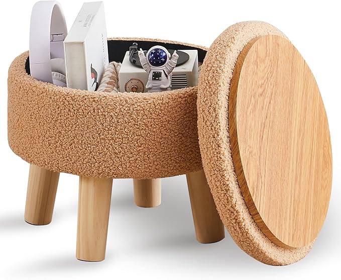 Wimarsbon Storage Ottoman, Modern Round Footrest with Soft Padded Seat, Teddy Velvet Footstool with Wood Legs, Accent Small Table or Plant Stand for Hallway, Living Room (Champagne)