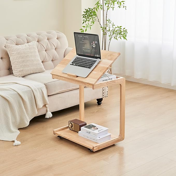 C Shaped Rolling End Table with Wheels - Solid Wood Side Table for Couch, Wooden Modern Tv Tray Bedside Tables for Sofa Armchair Living Room Bedroom, Natural, 15.4 in x 23.6 in x 24.8 in