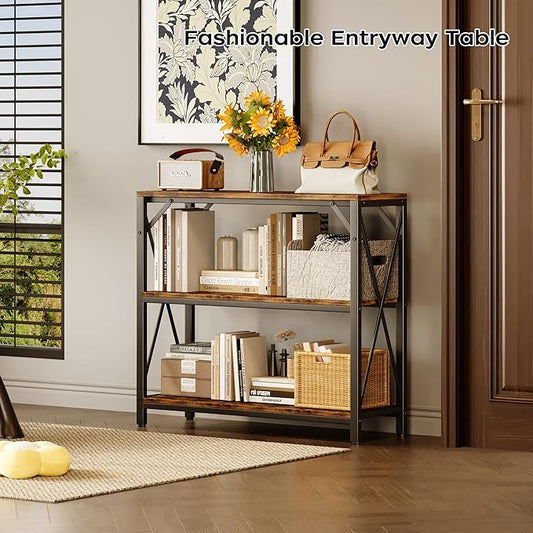 Homeiju Console Table 31.5" Width, 3-Tier Entryway Table with Storage, Industrial Sofa Table with Open Shelves, Foyer Tables for Entryway, Hallway, Kitchen, Living Room and Bedroom, Rustic Brown