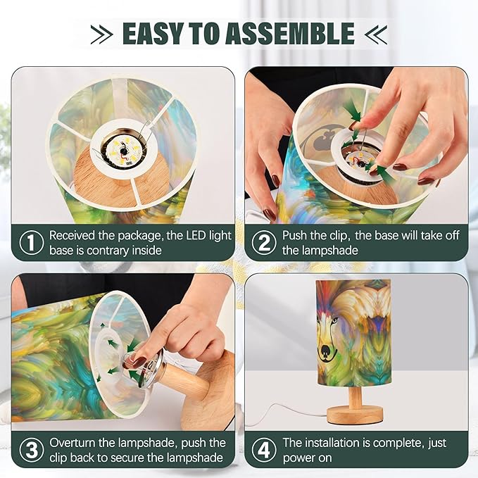 Table Lamp Colorful Dog Paint Portrait Nightstand Lamp with Wood Base Fabric Lamp Shade Bedside Desk Lamp for Living Room Bedroom Kids Room Office