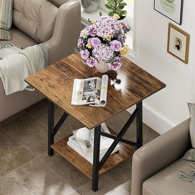 GreenForest End Table 24 inch for Living Room, Large Square Side Tables with X-Frame, Tall Industrial Bedside Nightstand with 2-Tier Storage, Rustic Walnut
