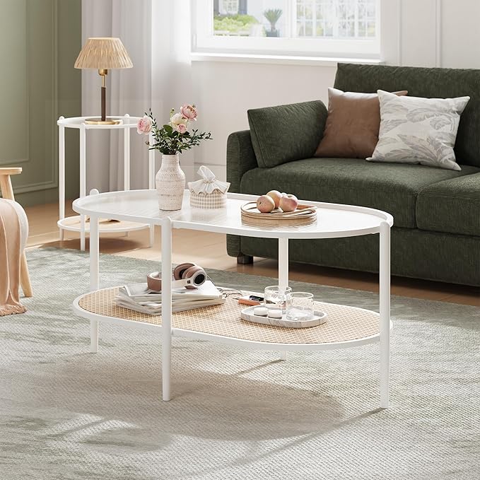 Boho Rattan Coffee Table with Glass Top, 2-Tier Oval Center Table with Metal Frame & Storage Shelf, Rustic Farmhouse Living Room Accent Tea Table for Apartment, Bedroom, Office White
