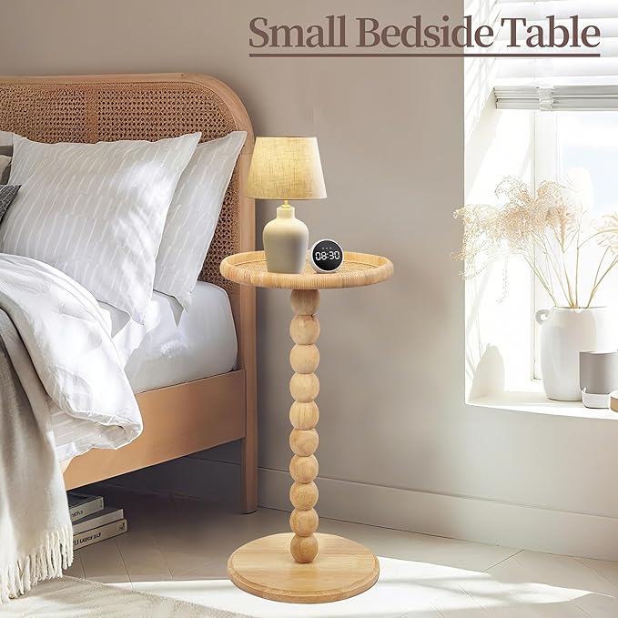 Round Side Table, Solid Wood Small Drink Table for Small Spaces, Boho Rattan End Table for Living Room, Modern Accent Table for Couch, Bedroom, Corners