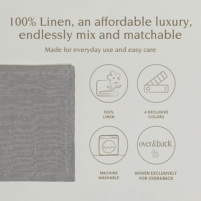 Over&Back Set of 4 Washed 100%-Linen Woven Placemats - Colorful Dining Table Mat - Machine Washable - Kitchen and Home Decor - Grey